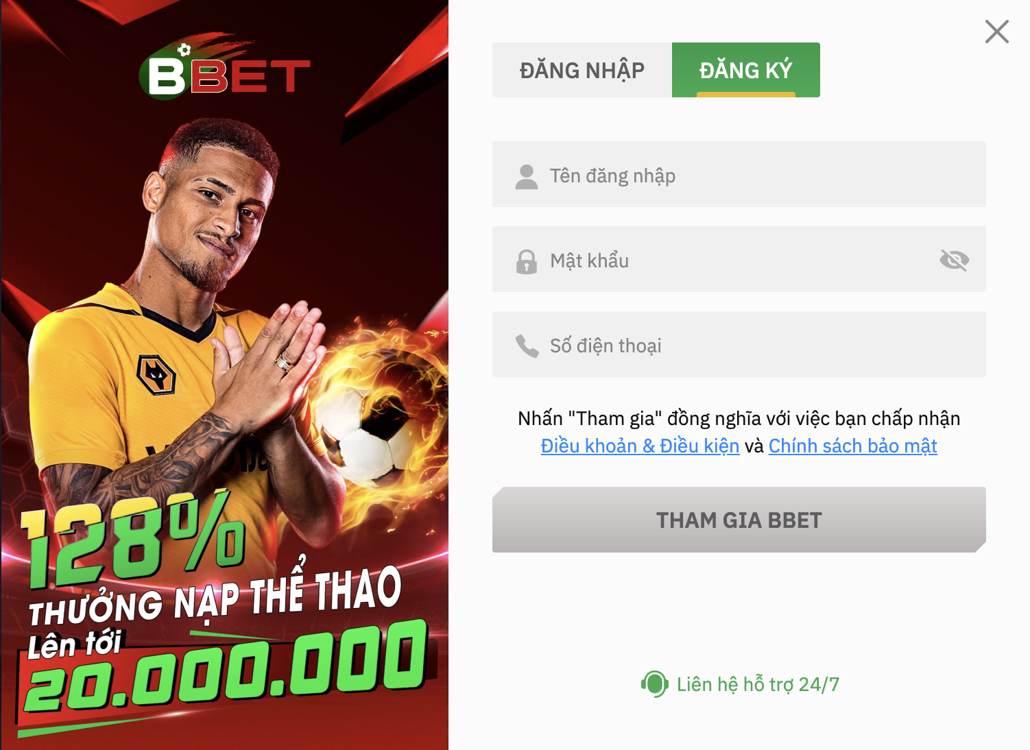 Đăng ký tài khoản tại Bbet